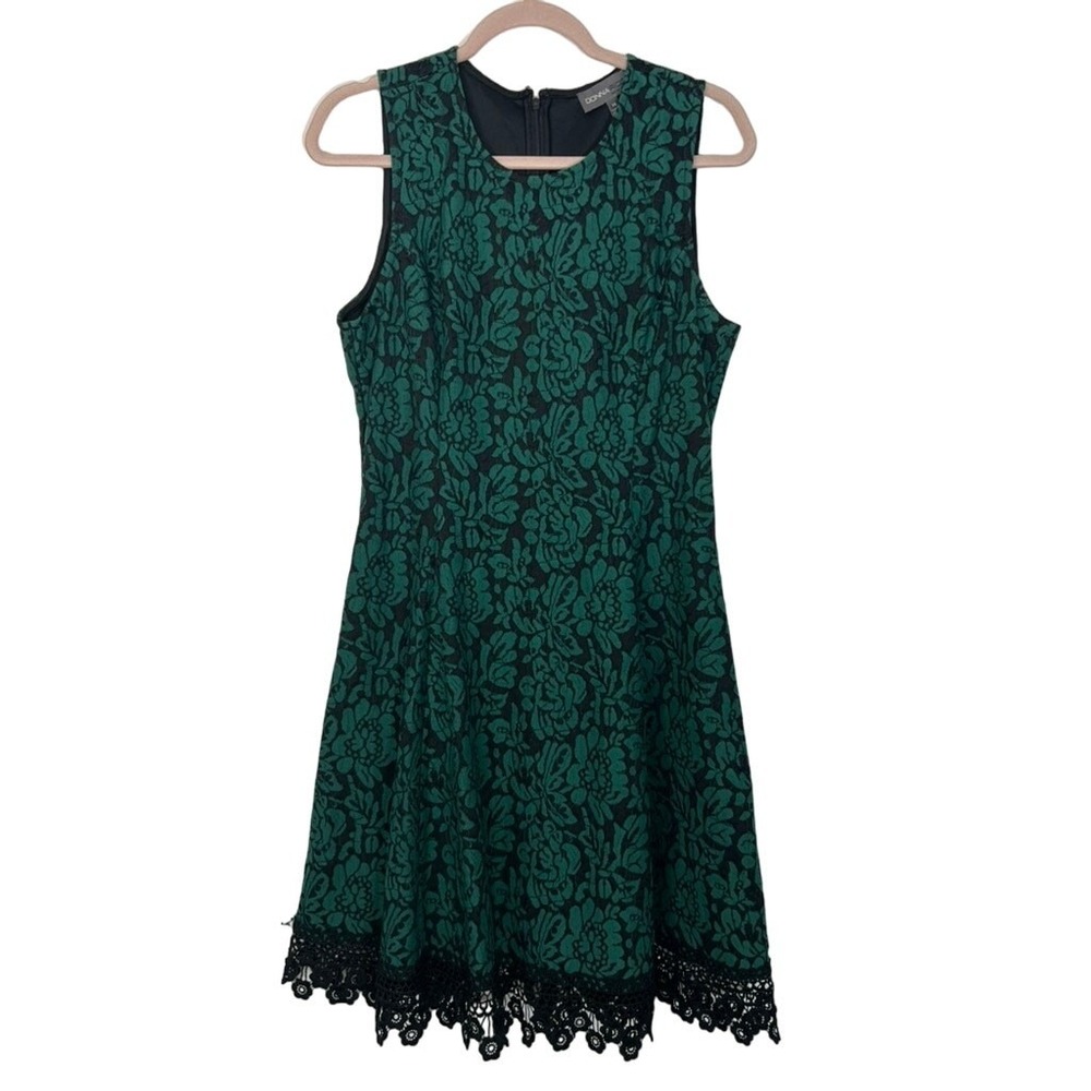 Donna Ricco Green Black Bonded Lace Floral Fit & Flare Lined Midi Dress Size 14